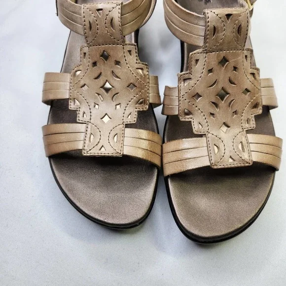 Clarks Leather Sandal Laser Cut Ankle Buckle Strap Bronze Size 11 Wedge Heel - Picture 3 of 8